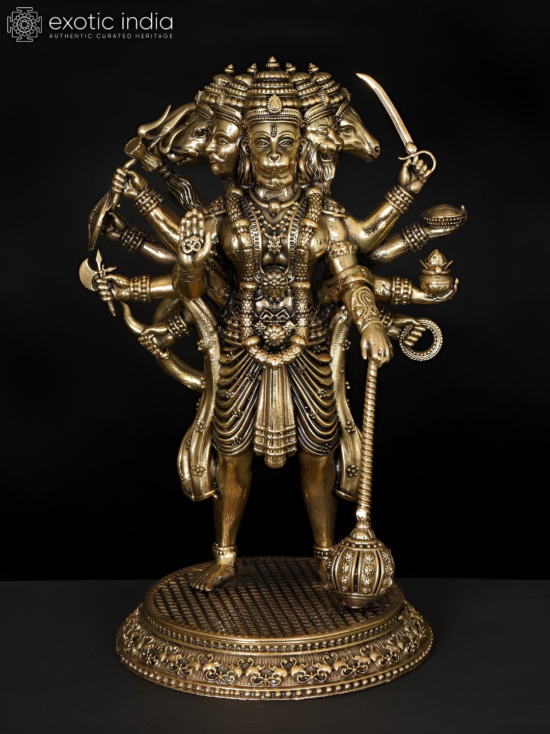Exotic India Superfine Ten Armed Standing Panchamukhi Lord Hanuman Gold Brass Metallic Prayer Room Small Showpiece - 6 Inches
