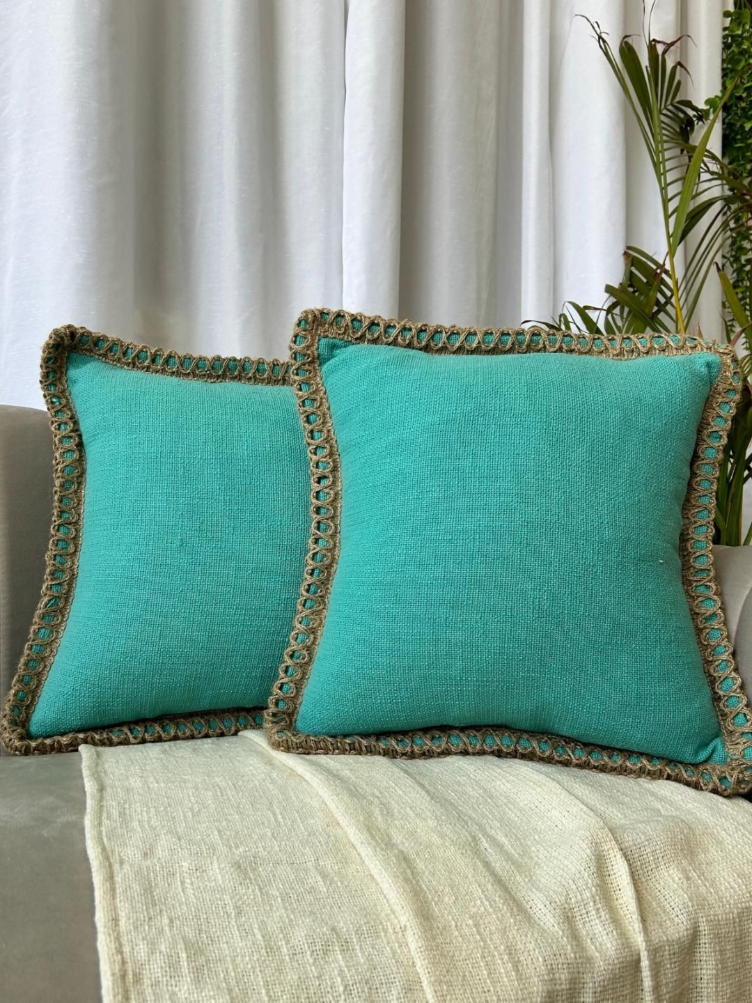 EXPORT HOUSE Sea Green & Brown Set of 2 Square Cushion Covers