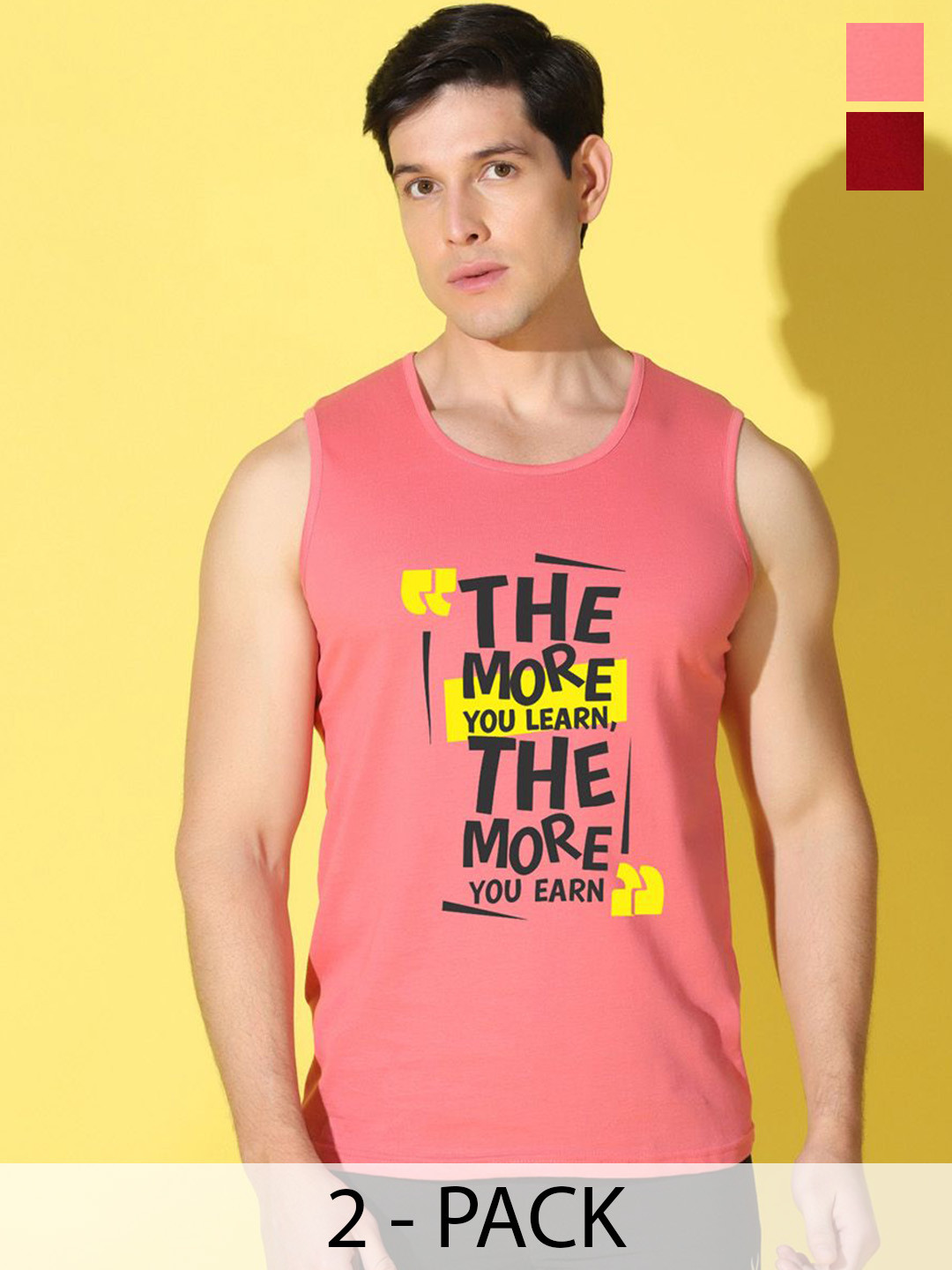 WOOSTRO Men Pack Of 2 Printed Super Combed Cotton Gym Vests VWS26(MORE PEACH)(ENJOY MAROO