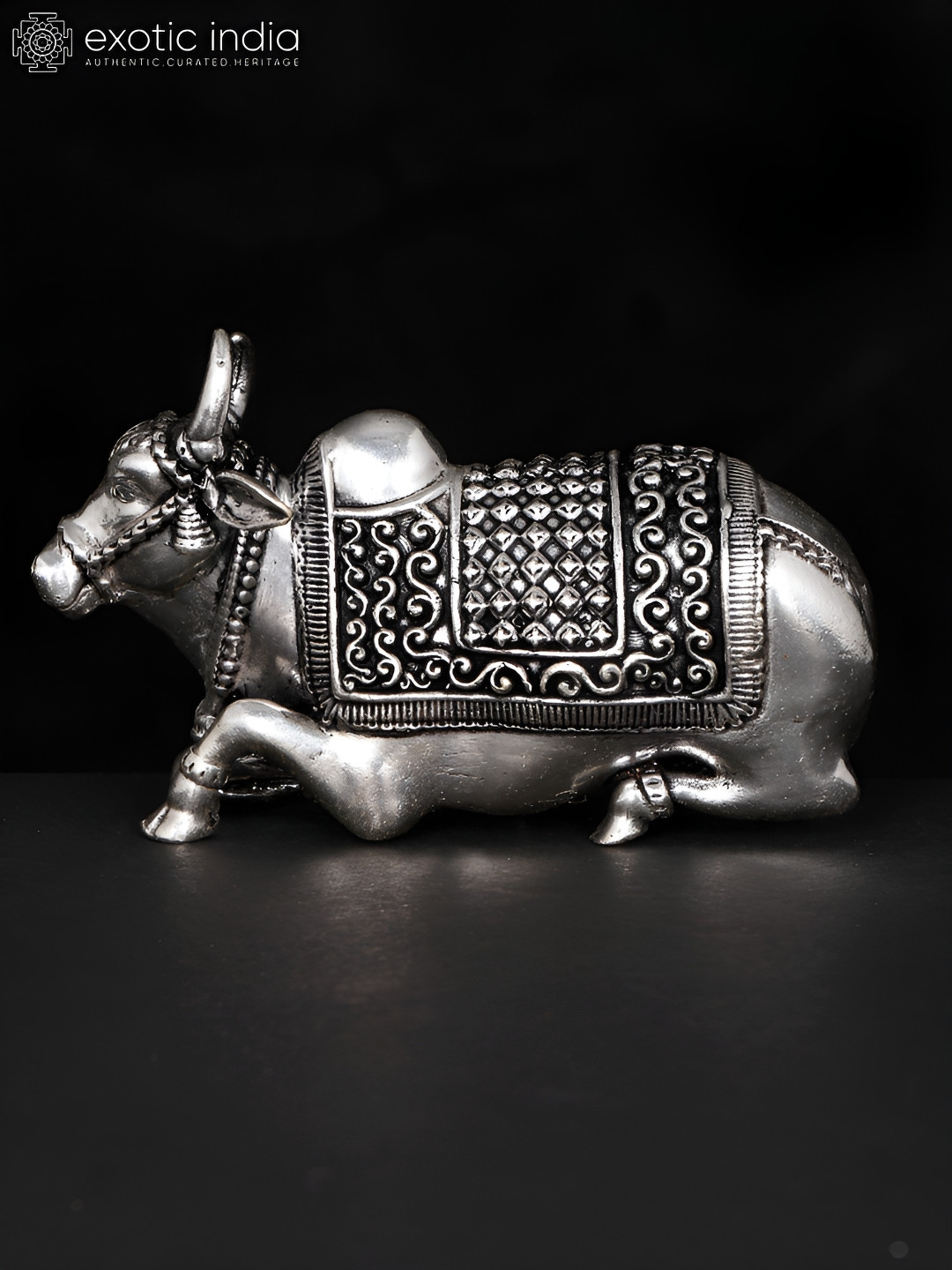 Exotic India Nandi Silver Brass Metallic Prayer Room Tiny Showpiece - 2.2 Inches