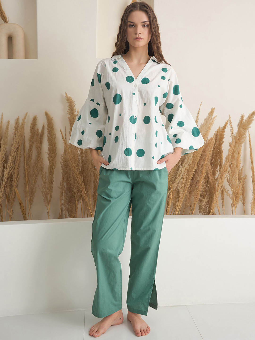 Aura By Sanskrutihomes Green Printed Shirt Collar Shirt & Trousers Loose Fit Co-Ords Set