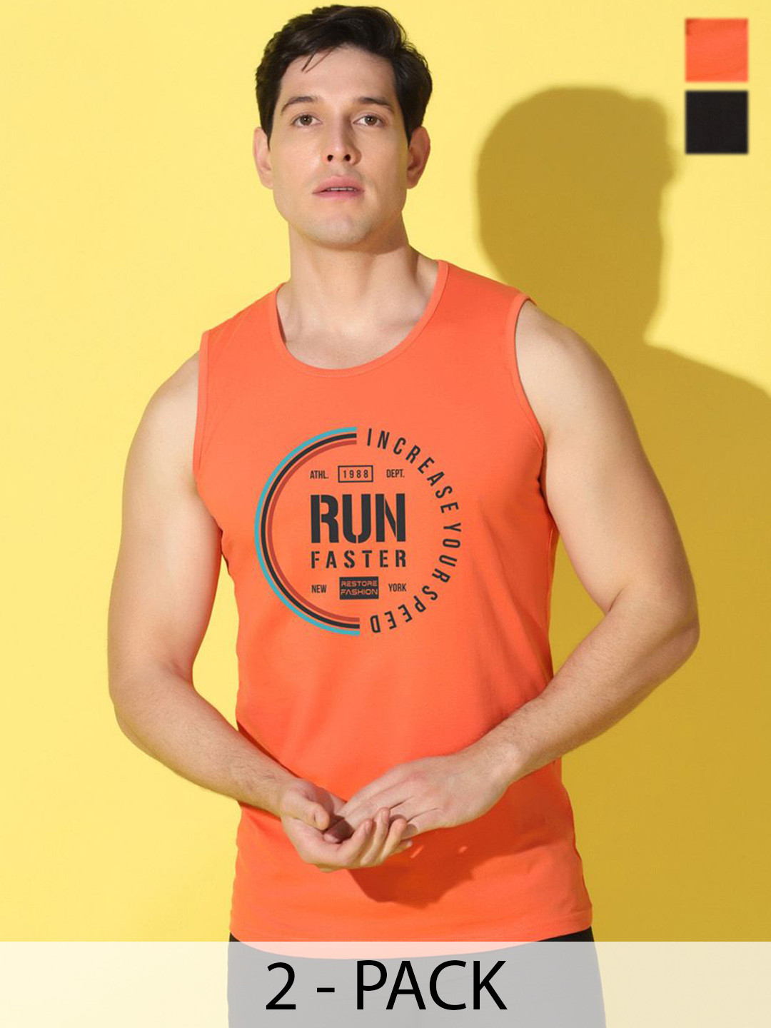 WOOSTRO Pack Of 2 Printed Super Combed Cotton Gym Vests VWS26(RUN ORANGE)(RUN BLACK)