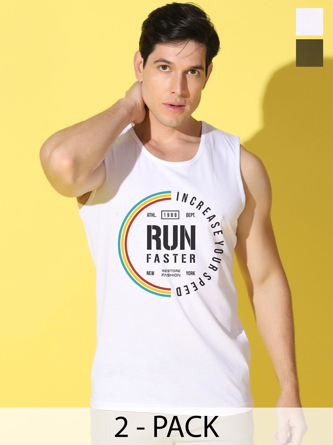 WOOSTRO Pack Of 2 Printed Gym Vest VWS26(RUN WHITE)(ENJOY OLIVE)
