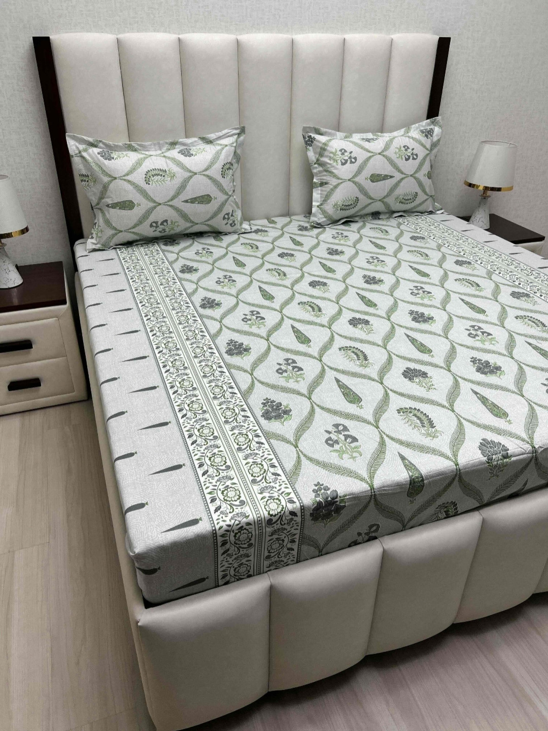 Pure Decor Royal Passion Green Floral Cotton Breathable 300 TC Queen Fine Bedsheet with 2 Pillow Covers-90 x 100 inches