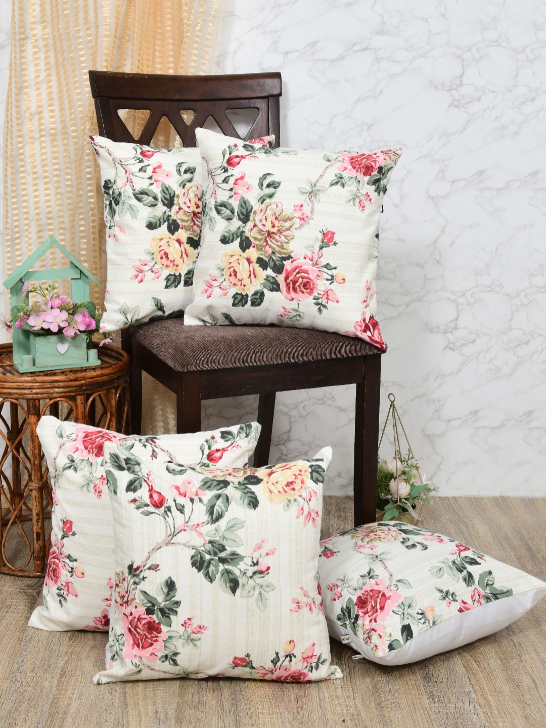 The Home Story Light-Weight Beige Floral Cotton 5 Piece Square Cushion Covers -16x16In