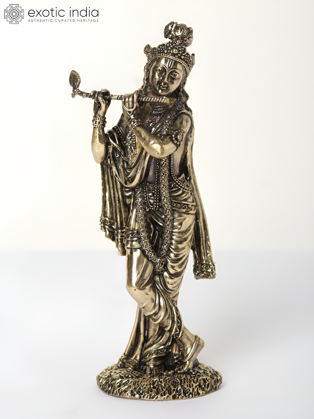 Exotic India Standing Lord Krishna Playing Flute Gold Brass Metallic Prayer Room Small Showpiece - 7.8 Inches