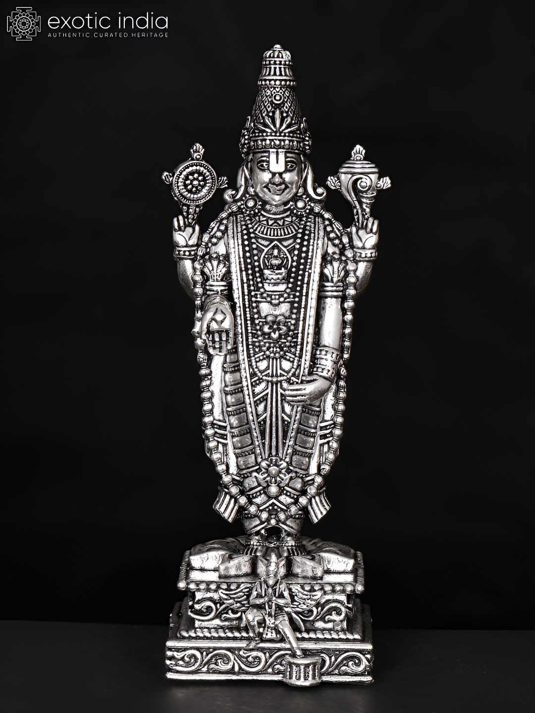Exotic India Lord Tirupati Balaji with Garuda Silver Brass Metallic Prayer Room Small Showpiece - 7.8 Inches