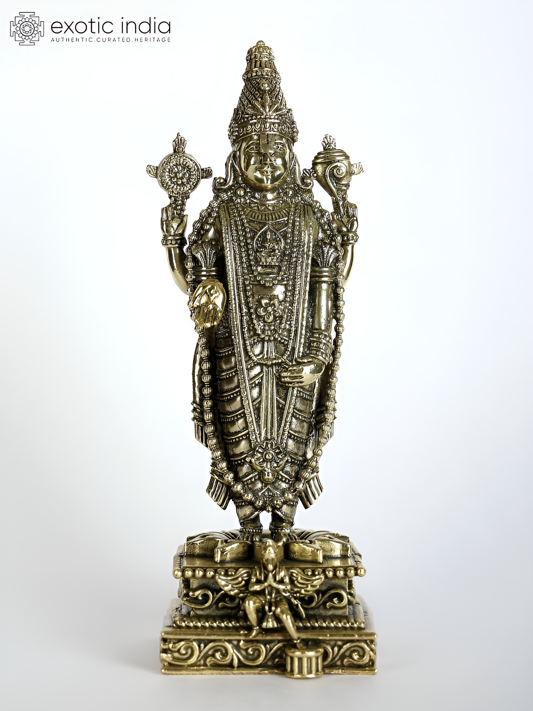Exotic India Lord Tirupati Balaji with Garuda At Bottom Gold Brass Metallic Prayer Room Small Showpiece - 7.8 Inches