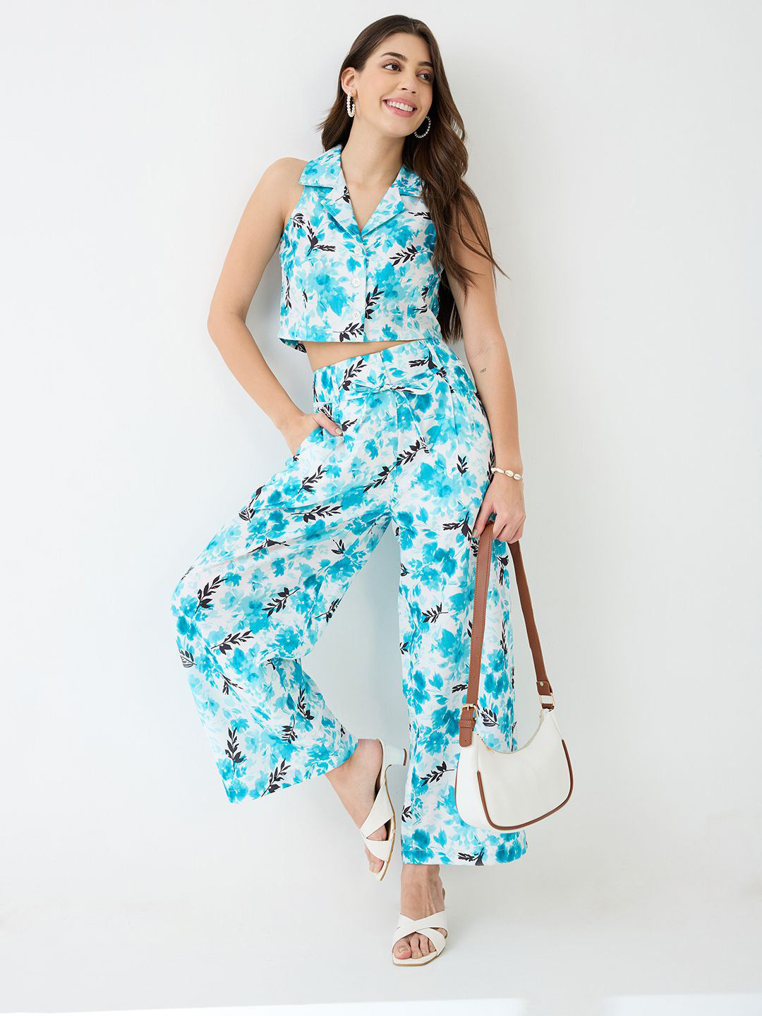Globus Notched Lapel Floral Print Crop Shirt & Wide Leg Trousers Co-Ord Set