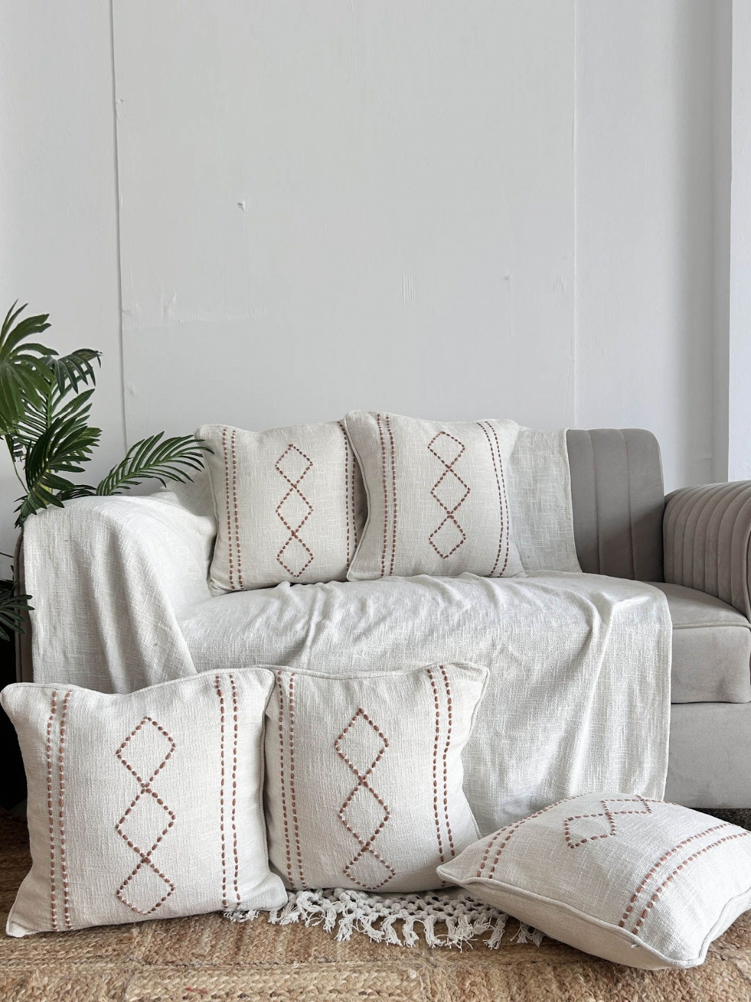 EXPORT HOUSE Ultra Soft Geometric Cotton 5 Pcs Embroidered Square Cushion Covers - 16 x 16 In