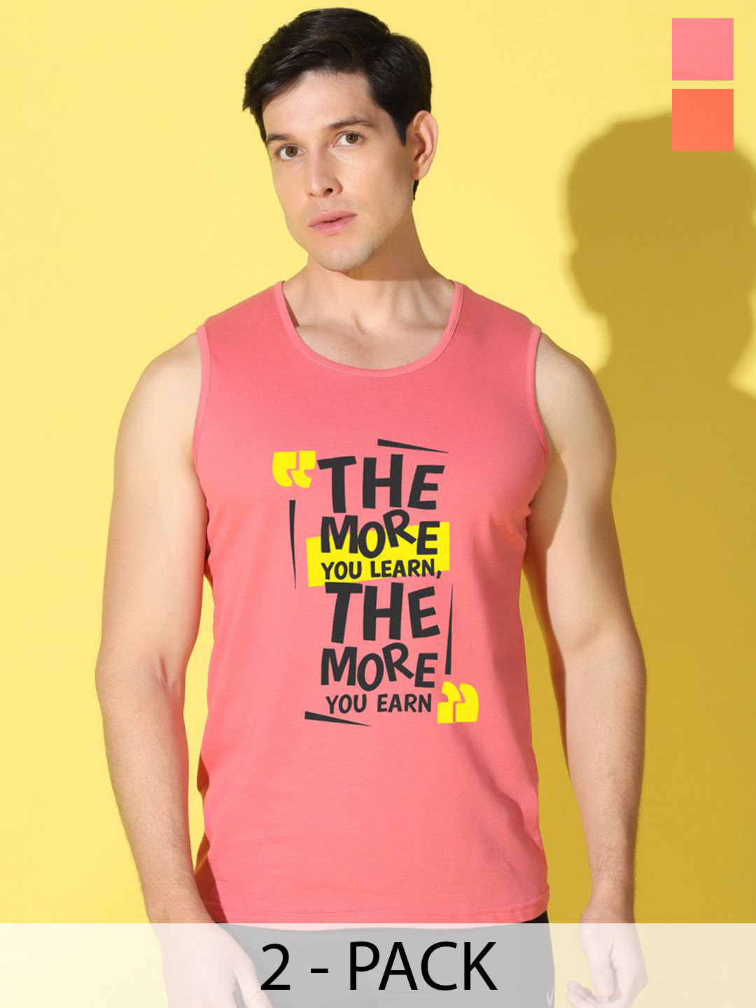 WOOSTRO Men Pack Of 2 Printed Super Combed Cotton Gym Vests VWS26(MORE PEACH)(ENJOY ORANG
