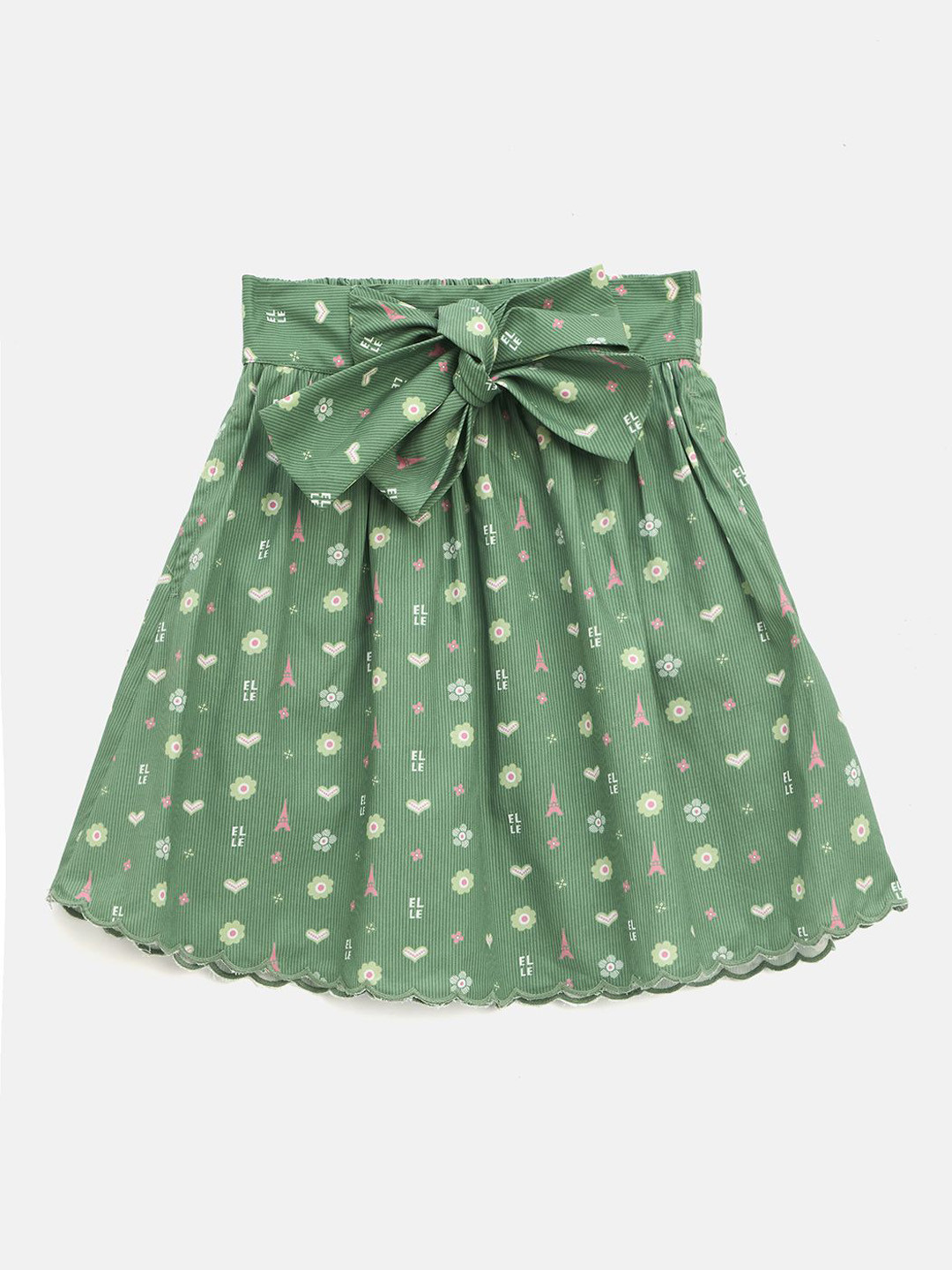 ELLE Girls Floral Printed Cotton A-Line Mid Rise Pleated Skater Skirt With Fabric Belt