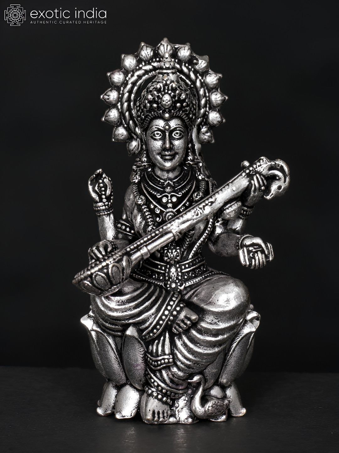 Exotic India Maa Saraswati Silver Brass Metallic Prayer Room Tiny Showpiece - 2.5 Inches