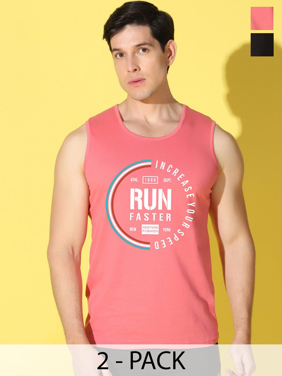 WOOSTRO Pack Of 2 Printed Combed Cotton Gym Vests -VWS26(RUN PEACH)(ALONE BLACK)