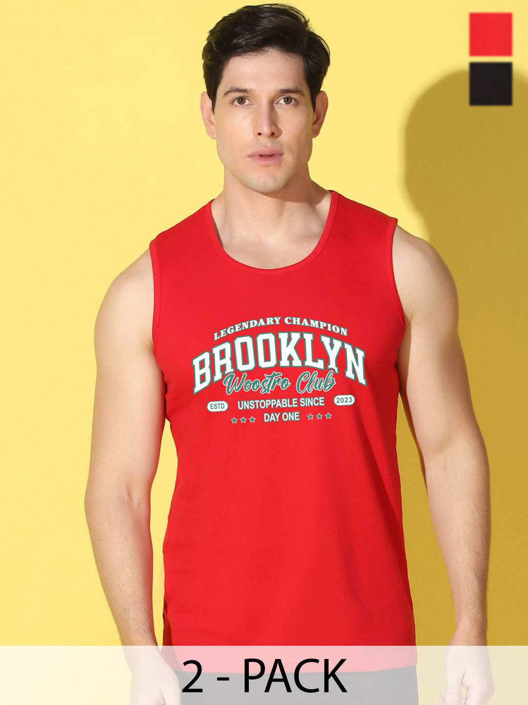 WOOSTRO 2-Pc Printed Odour-Free Cotton Innerwear Vests VWS26(BKLN RED)(98 BLACK)