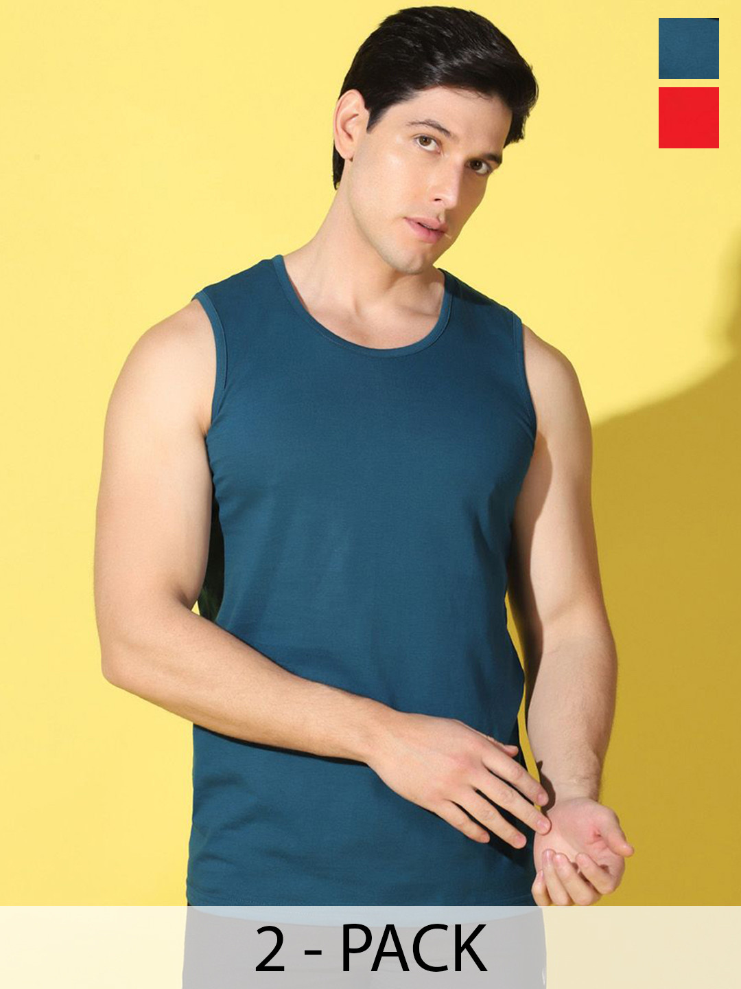 WOOSTRO 2-Pcs Odour-Free Combed Cotton Innerwear Vests VWS26(PLAIN PEACOCK)(ENJOY RED)