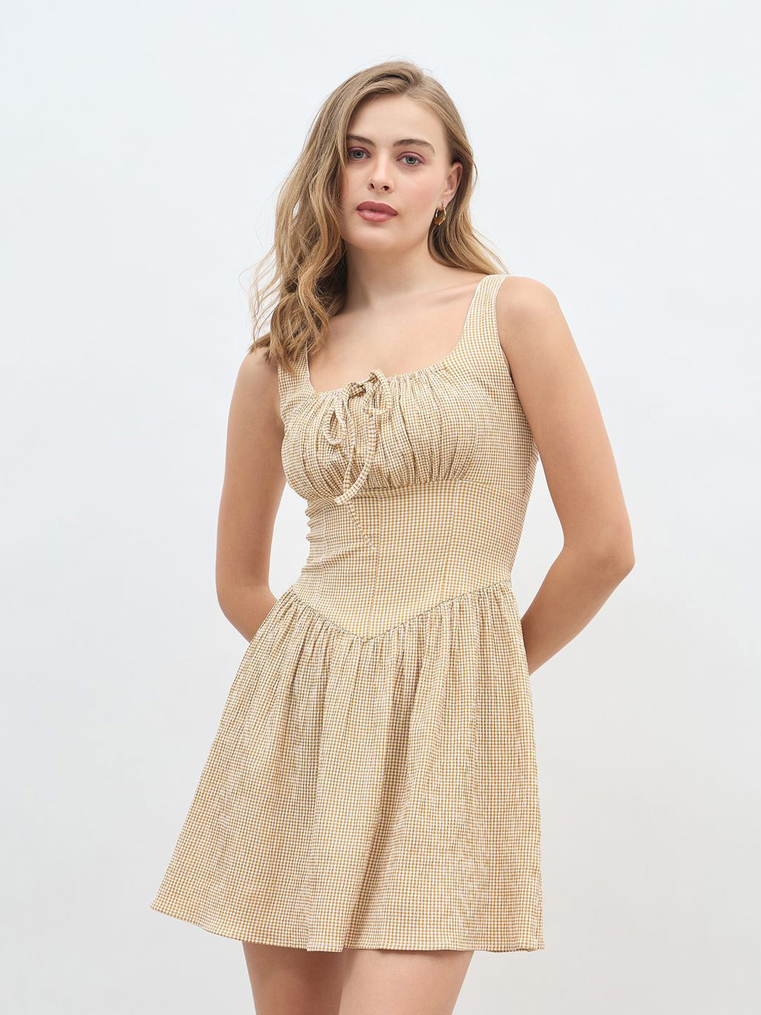 Styli Womens Checked Square Neck A-Line Mini Dresses