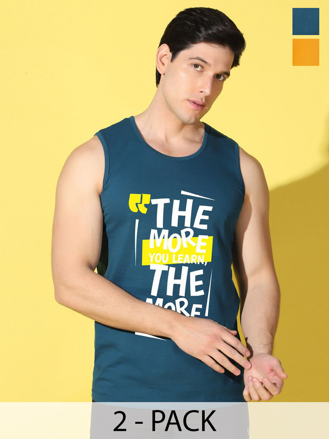 WOOSTRO 2-Pcs Odour-Free Combed Cotton Innerwear Vests VWS26(MORE PEACOCK)(PLAIN MUSTARD)
