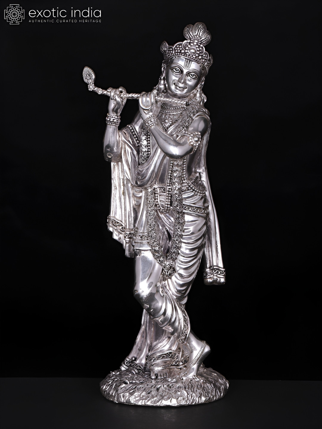 Exotic India Superfine Standing Lord Krishna Silver Brass Metallic Prayer Room Small Showpiece - 8 Inches