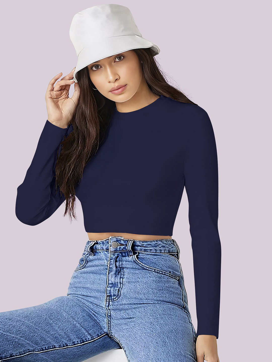 Dream Beauty Fashion Women XS Round Neck Full Sleeves Regular Crop Top