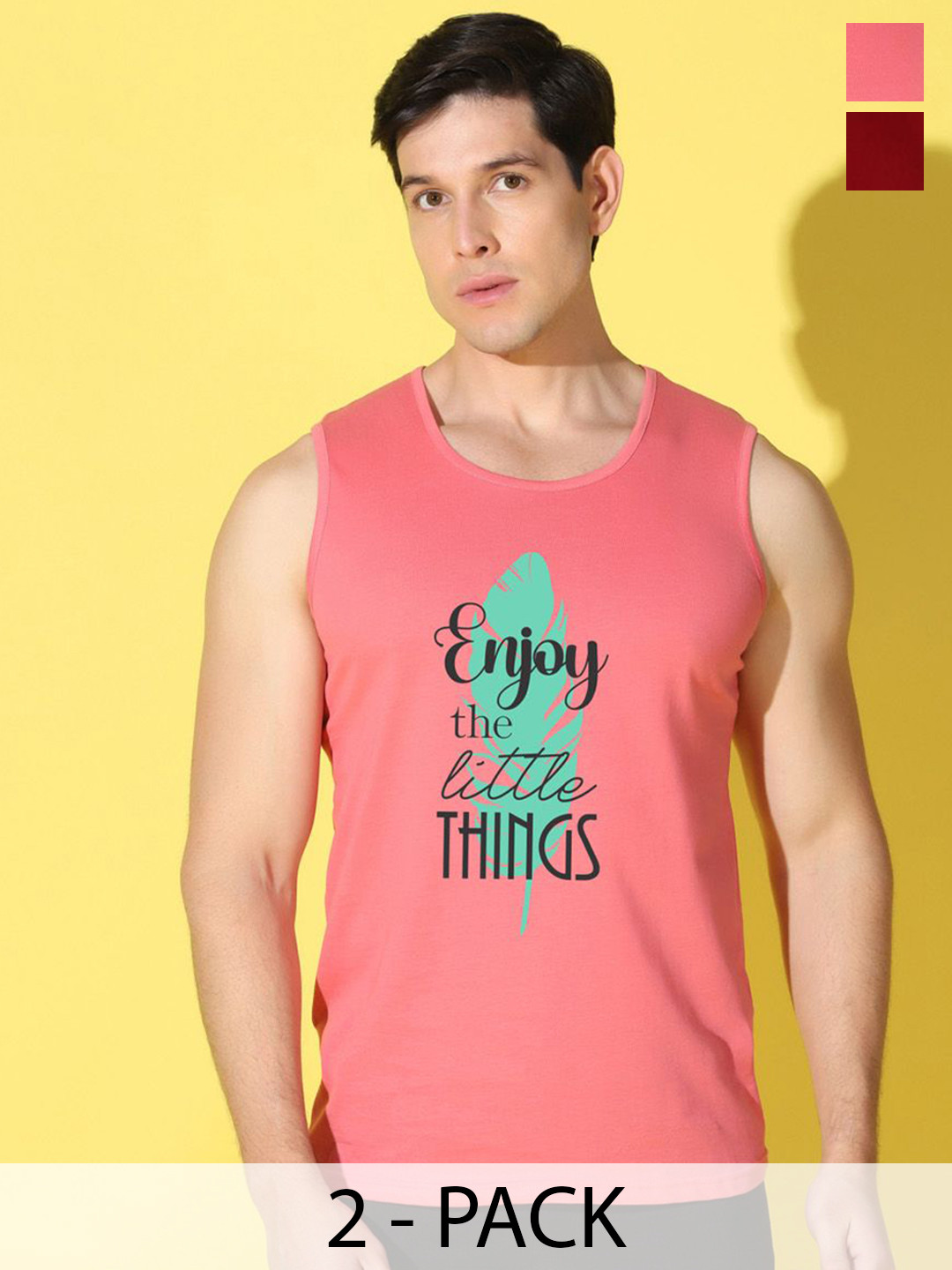 WOOSTRO 2-Pc Printed Odour-Free Cotton Innerwear Vests VWS26(ENJOY PEACH)(ALONE MAROON)