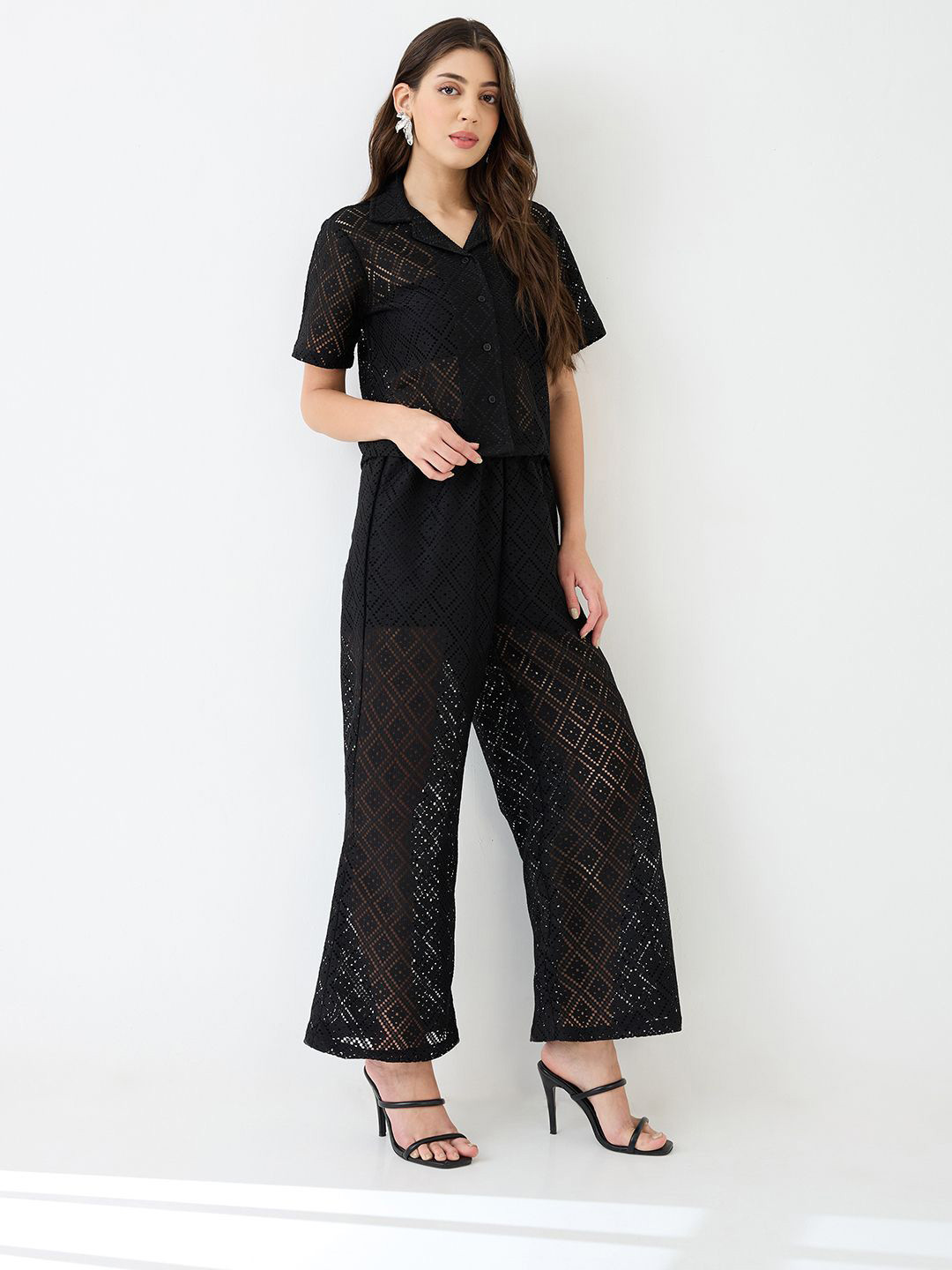 Globus Notched Lapel Short Sleeves Crochet Shirt & Wide Leg Trousers Co-Ord Set