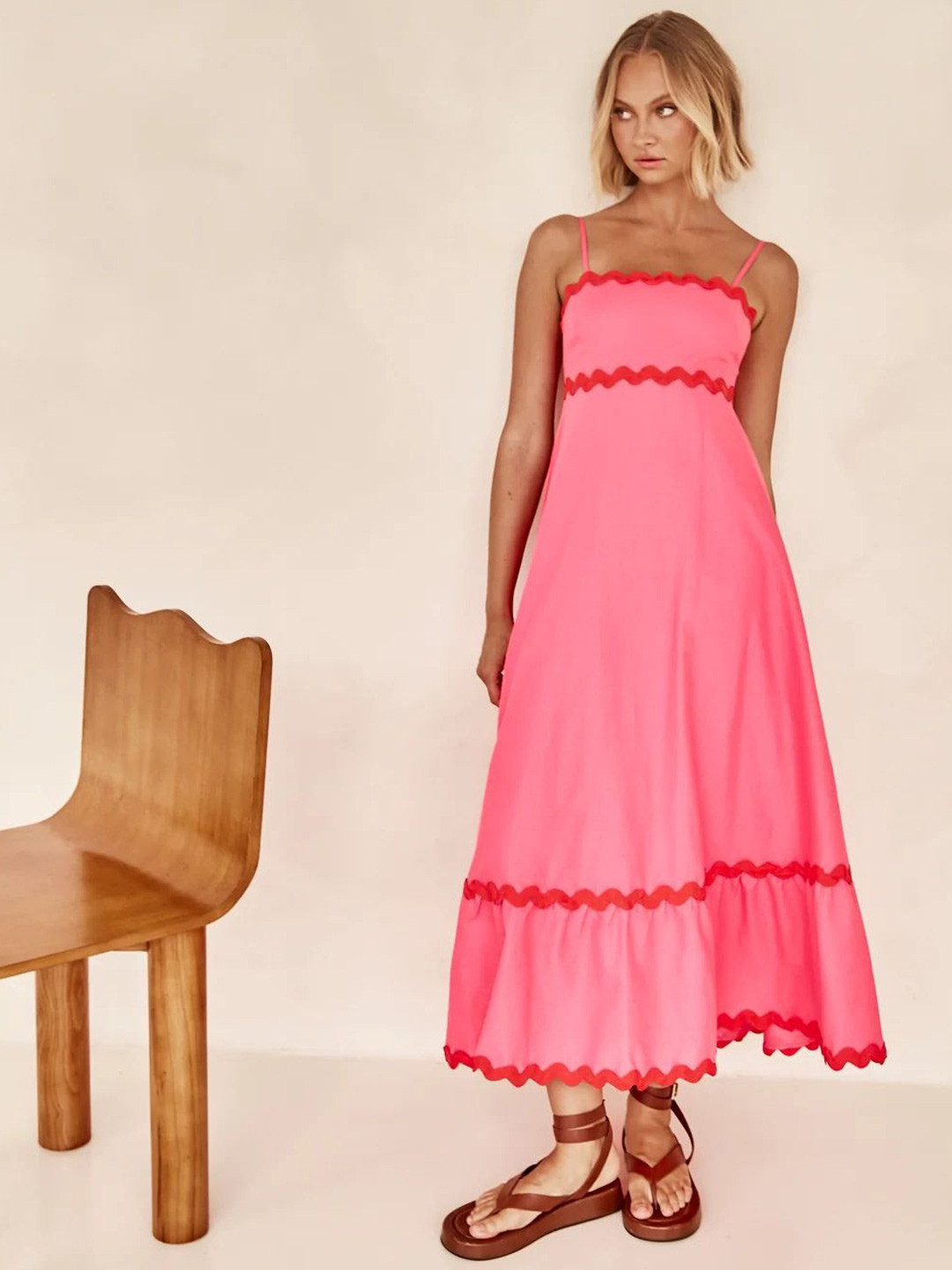 bebe Pink Scalloped Trim Spaghetti Strap A-line Maxi Dress