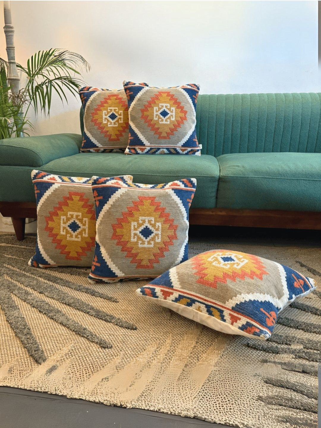 LUSHLYF Kilim Tribal Ethnic Motifs Jacquard Washable 5 Pcs Square Cushion Covers -18x18In