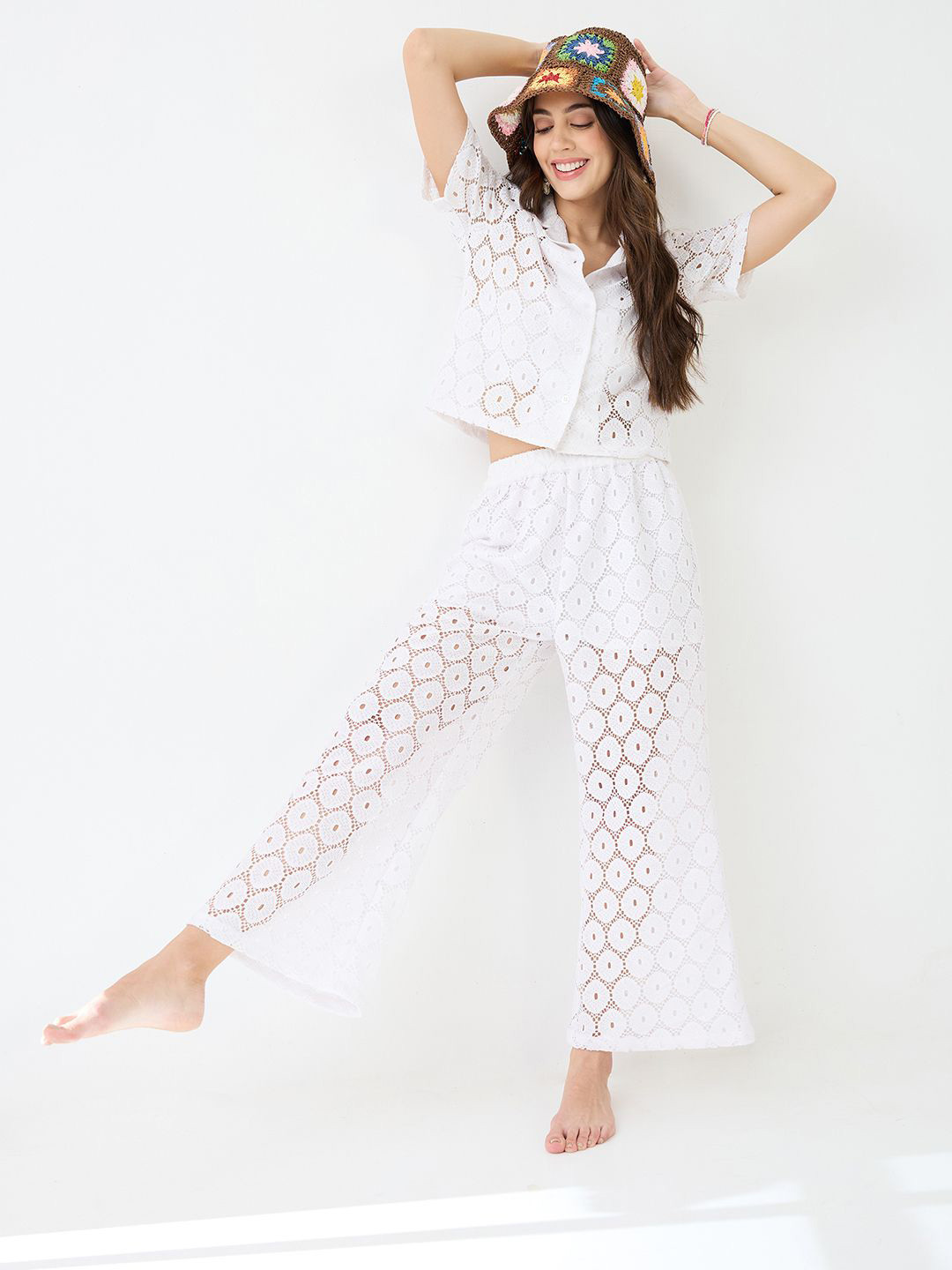 Globus Notched Lapel Short Sleeves Crochet Shirt & Wide Leg Trousers Co-Ord Set