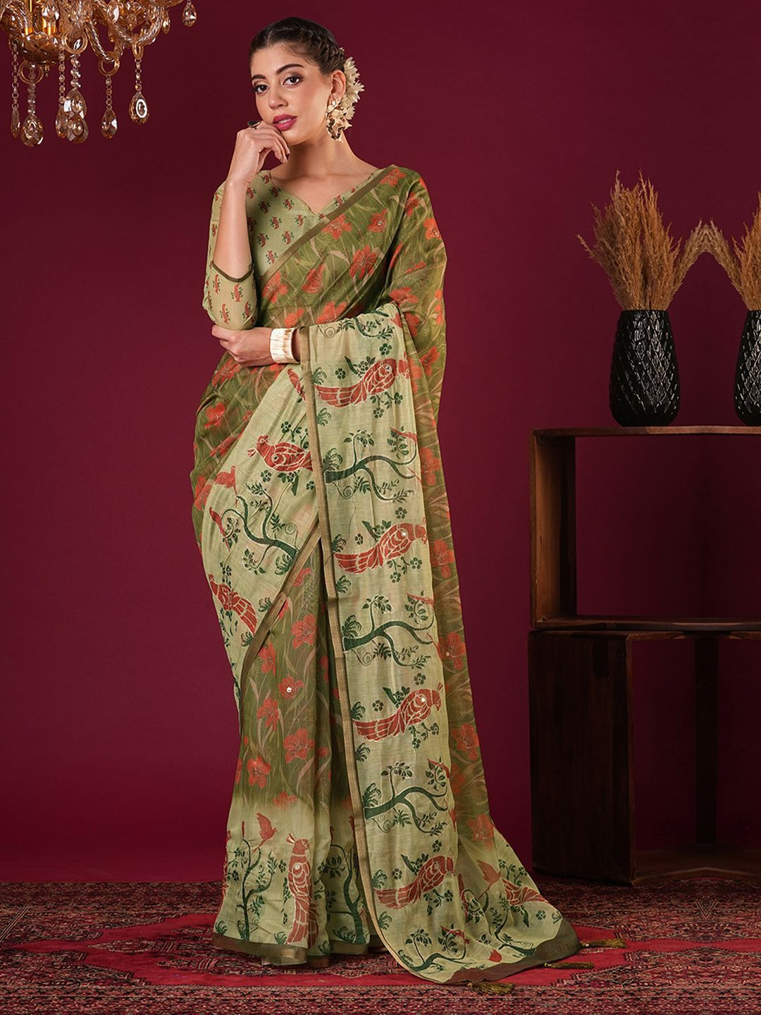 Anouk Adults-Women Floral Printed Linen Blend Bagru Saree