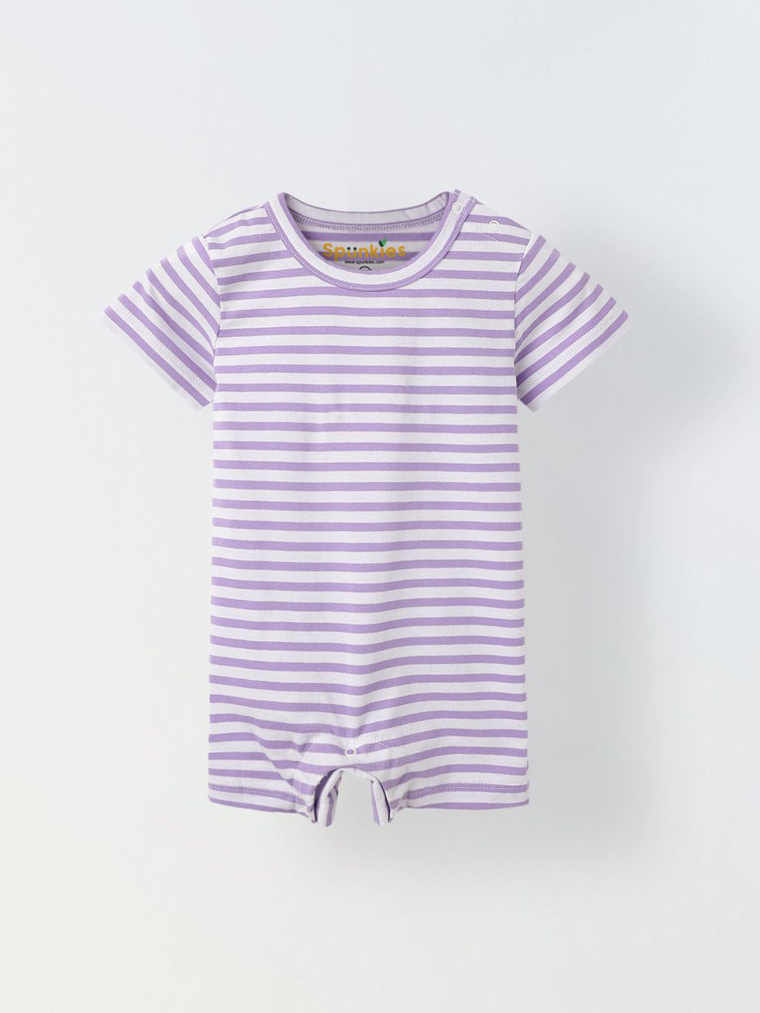 SPUNKIES Infant White & Purple Stripe Cotton Round Neck Romper