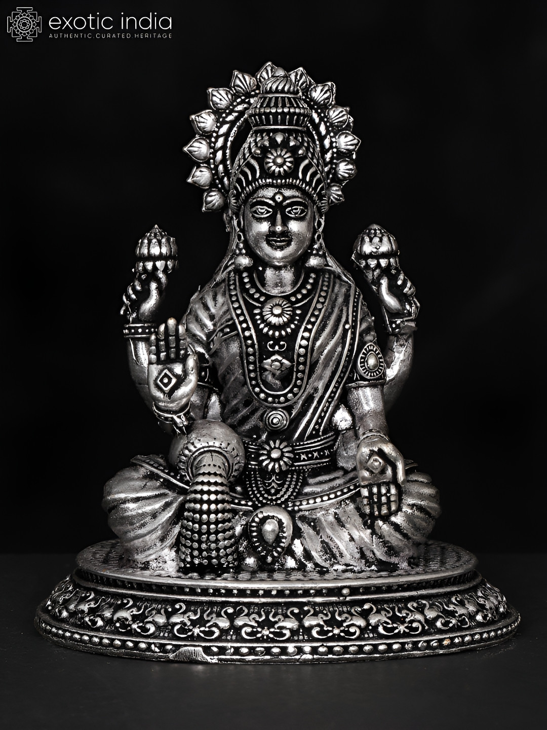 Exotic India Goddess Dhana Lakshmi Silver Brass Metallic Prayer Room Tiny Showpiece - 2.5 Inches