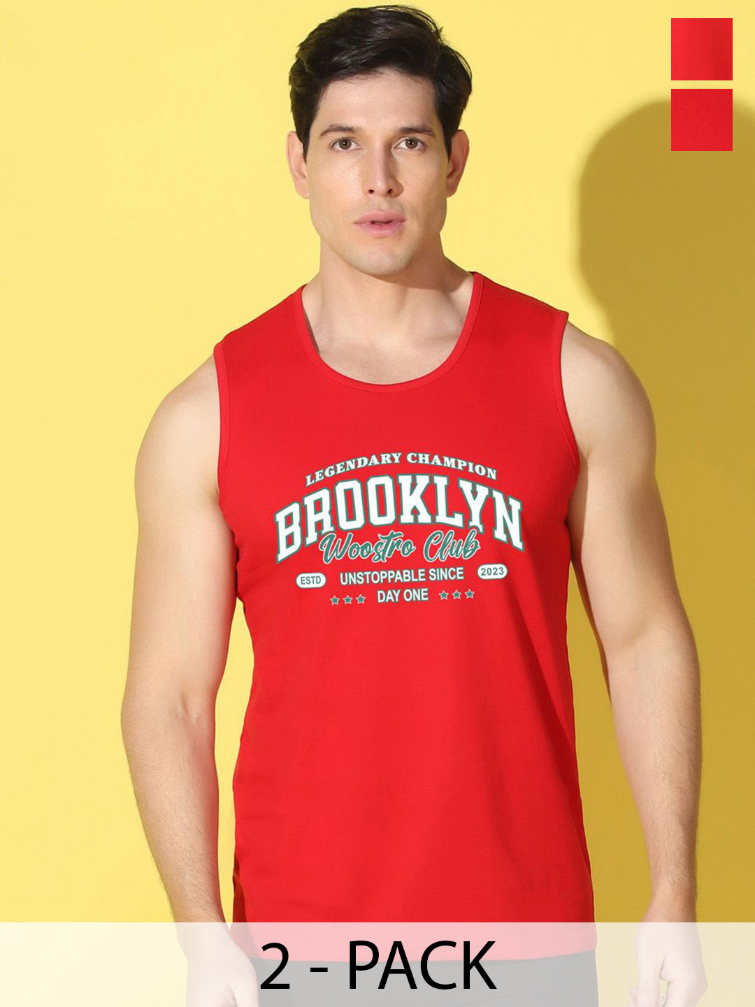 Woostro Printed Combo Cotton Scoop Neck Basic Vests VWS26(BKLN RED)(98 RED)