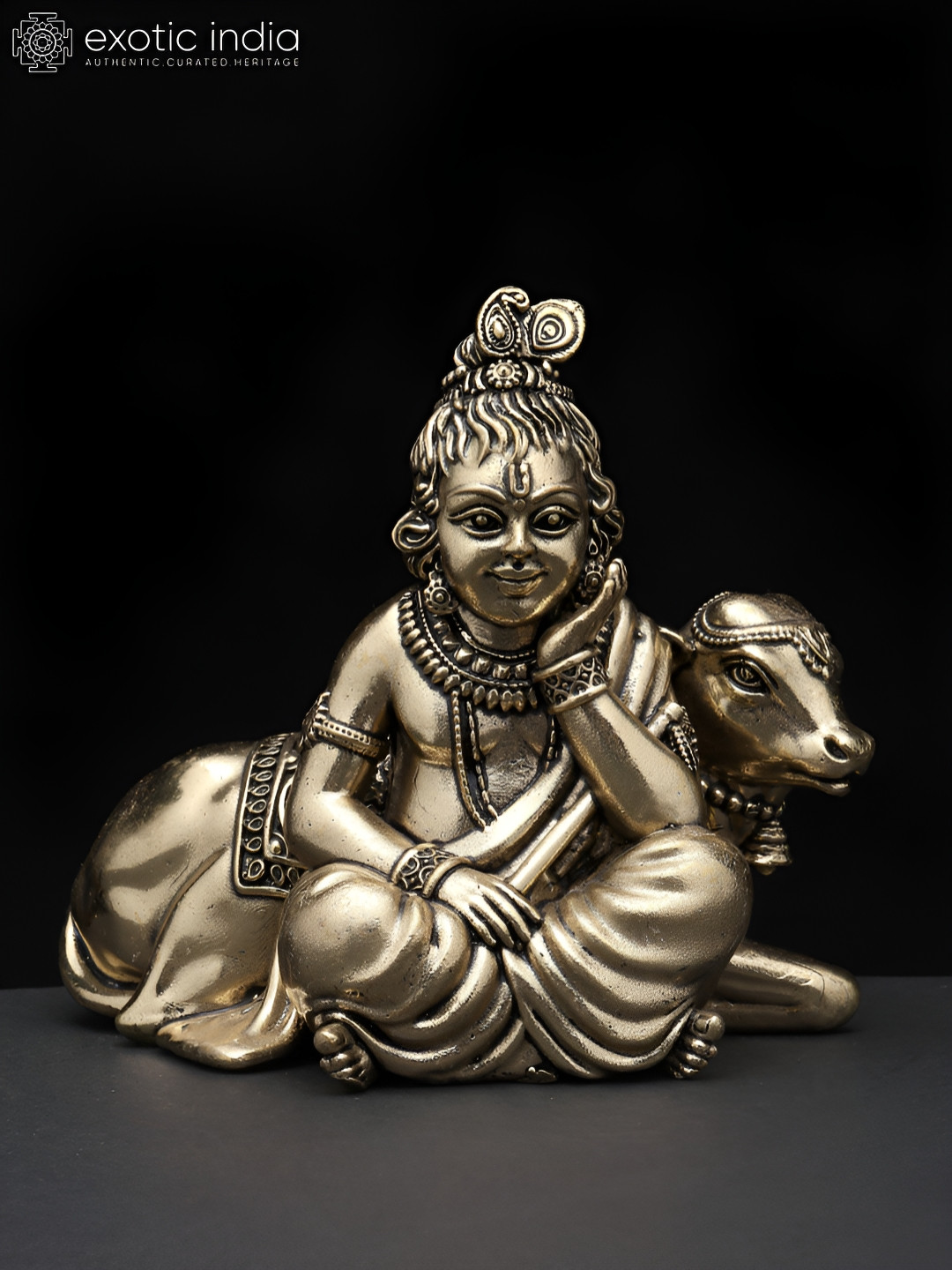 Exotic India Bal Gopal with Cow Gold Brass Metallic Prayer Room Tiny Showpiece - 2.5 Inches