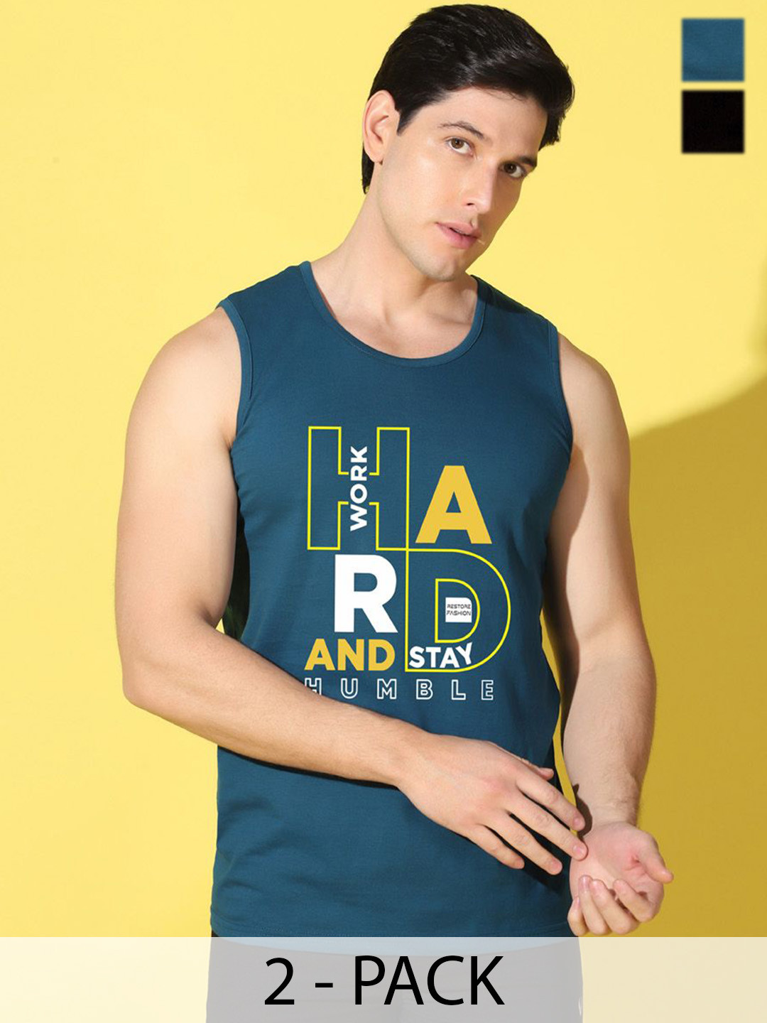 WOOSTRO Pack Of 2 Printed Combo Cotton Scoop Neck Gym Vests VWS26(HARD PEACOCK)(ENJOY BLAC