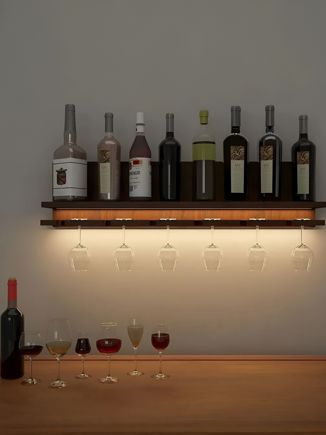 DEKORSTATION Brown Walnut Finish Wood Bar Wall Shelf