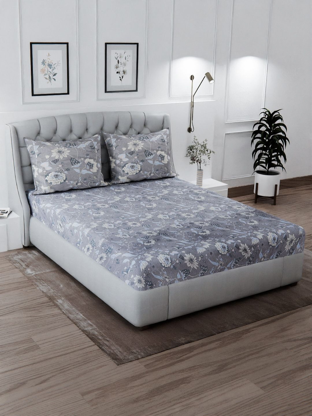 Signature Lilly Taupe Floral Cotton 120 TC King Superfine Bedsheet with 2 Pillow Covers-89 x 96 inches