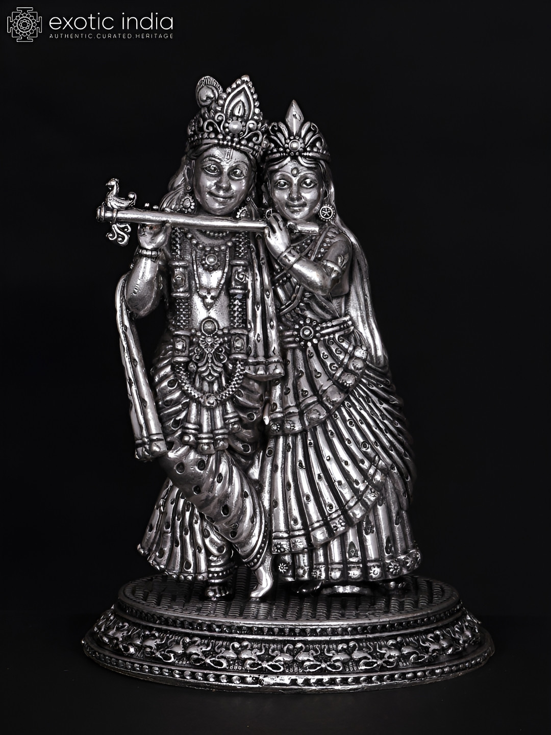 Exotic India Standing Radha Krishna Playing Flute Together Silver Brass Metallic Prayer Room Small Showpiece - 6 Inches