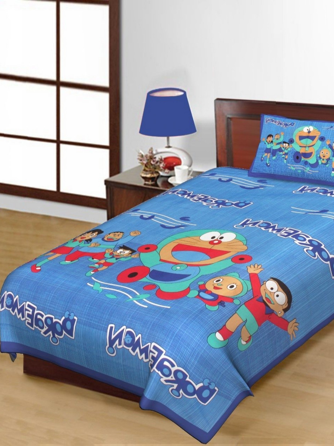 Salgia Blue Cartoon Characters Pure Cotton 144 TC Single Bedsheet with a Pillow Cover-89 x 57 inches