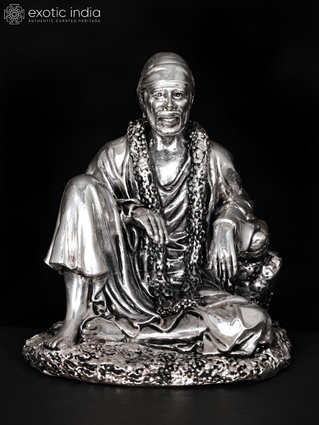 Exotic India Sitting Sai Baba Silver Brass Metallic Prayer Room Tiny Showpiece - 3 Inches