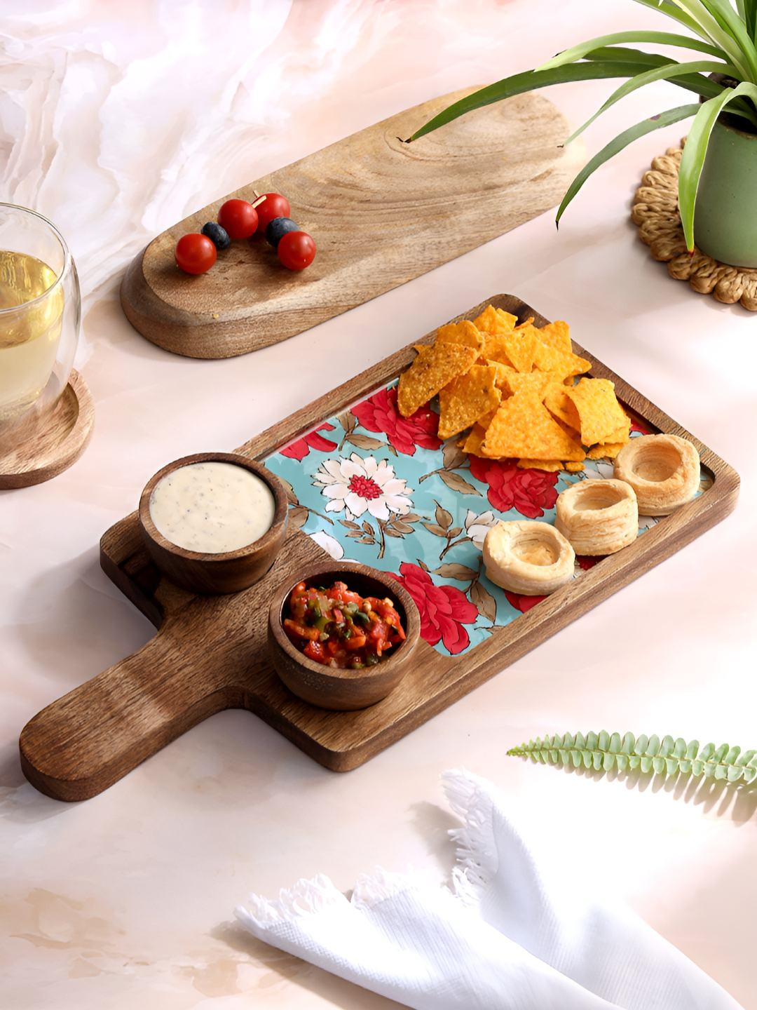 DULI 3 Pieces Brown Wooden Food Platter With 2 Dip Bowls