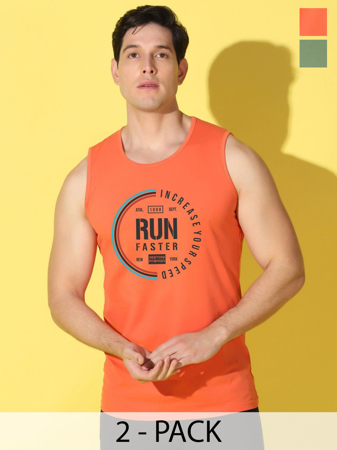 WOOSTRO Pack Of 2 Printed Combo Cotton Innerwear VestsVWS26(RUN ORANGE)(ALONE LGTGREEN)