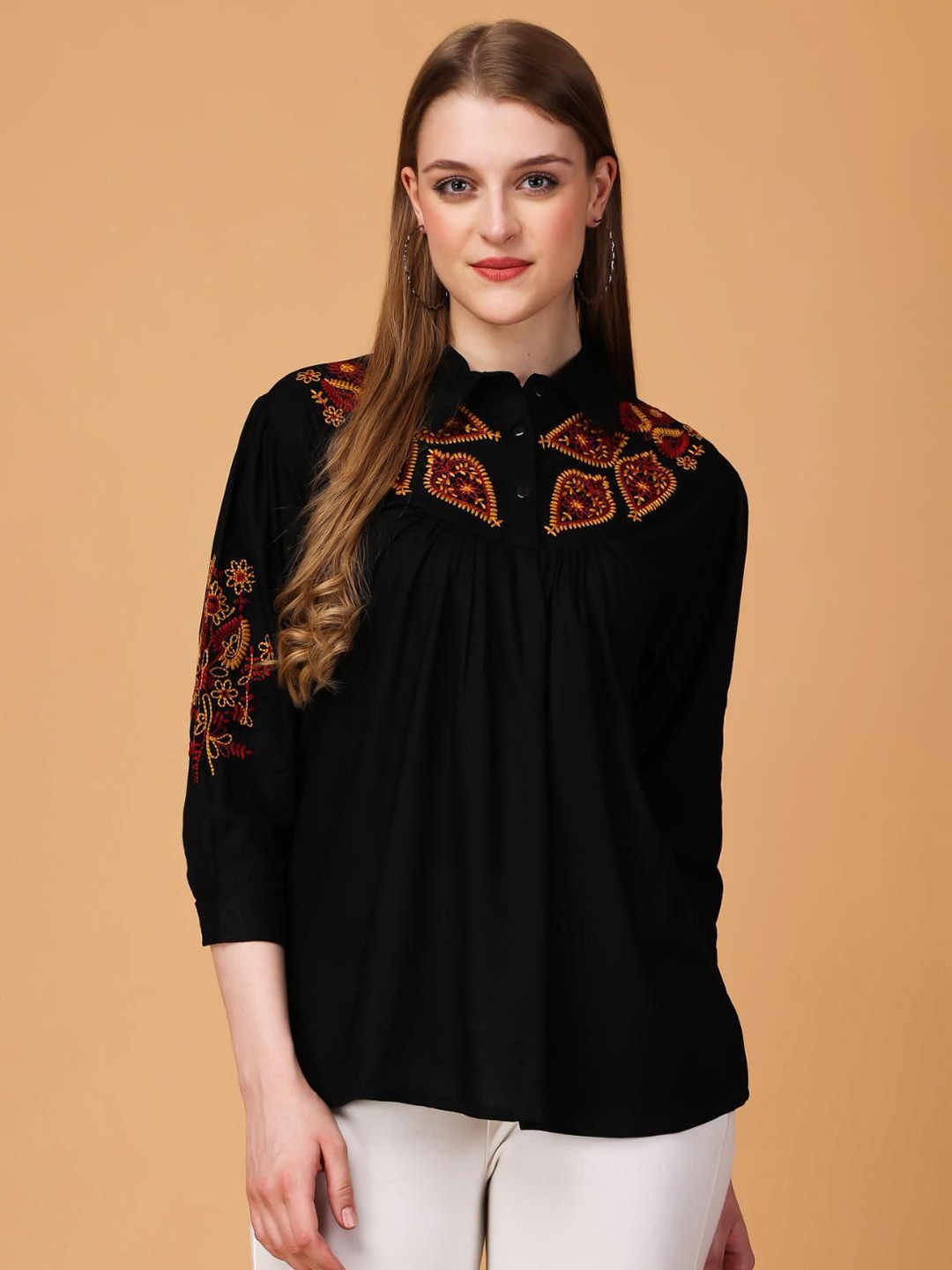 Girlsify Black Embroidered Shirt Collar Top