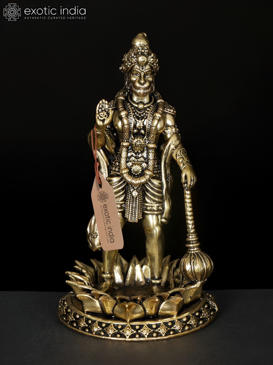 Exotic India Religious Small Brass Superfine Lord Hanuman In Blessing Gesture Brass Statue