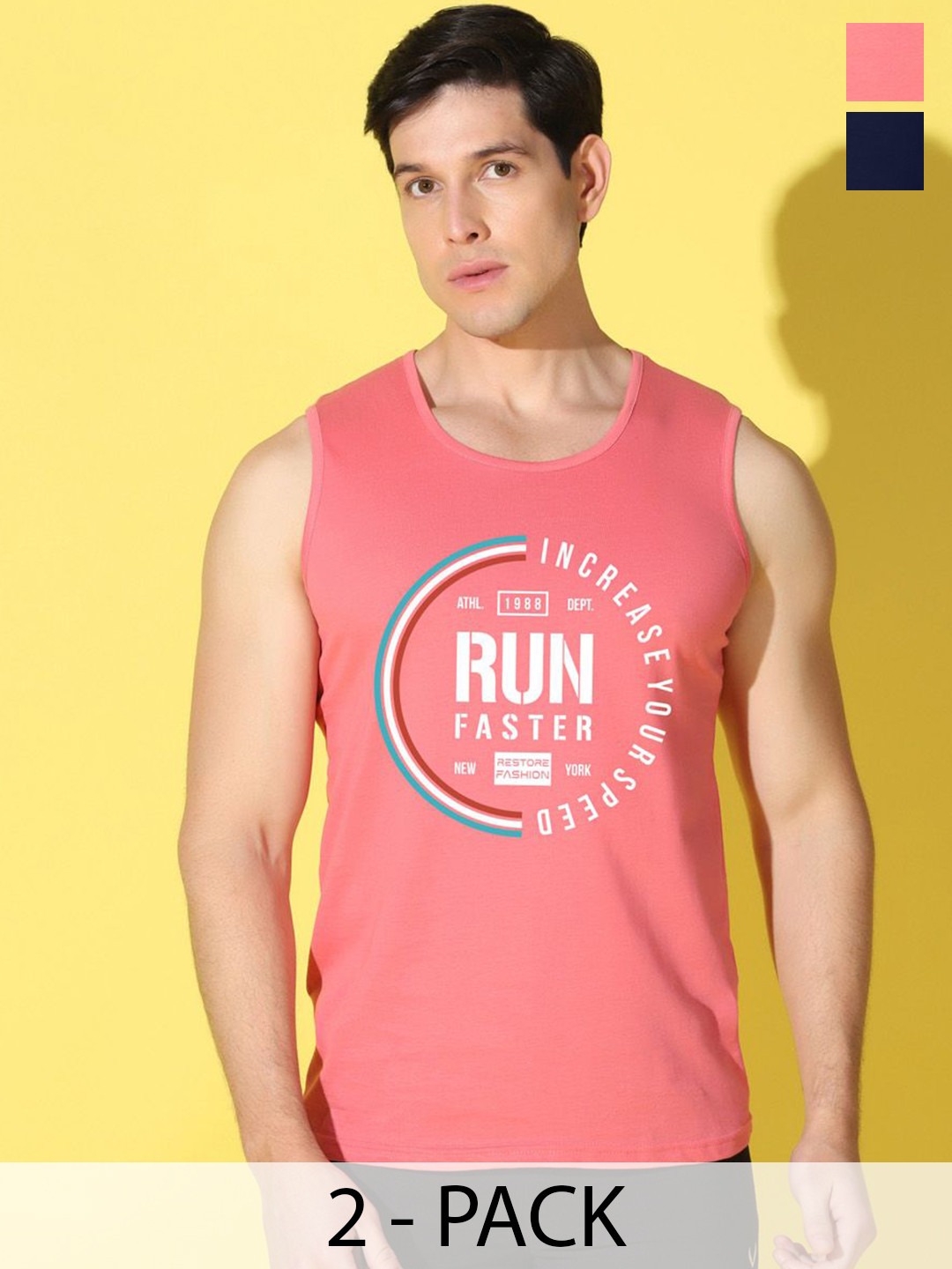 WOOSTRO Pack Of 2 Printed Combed Cotton Gym Vests -VWS26(RUN PEACH)(ALONE NAVY)
