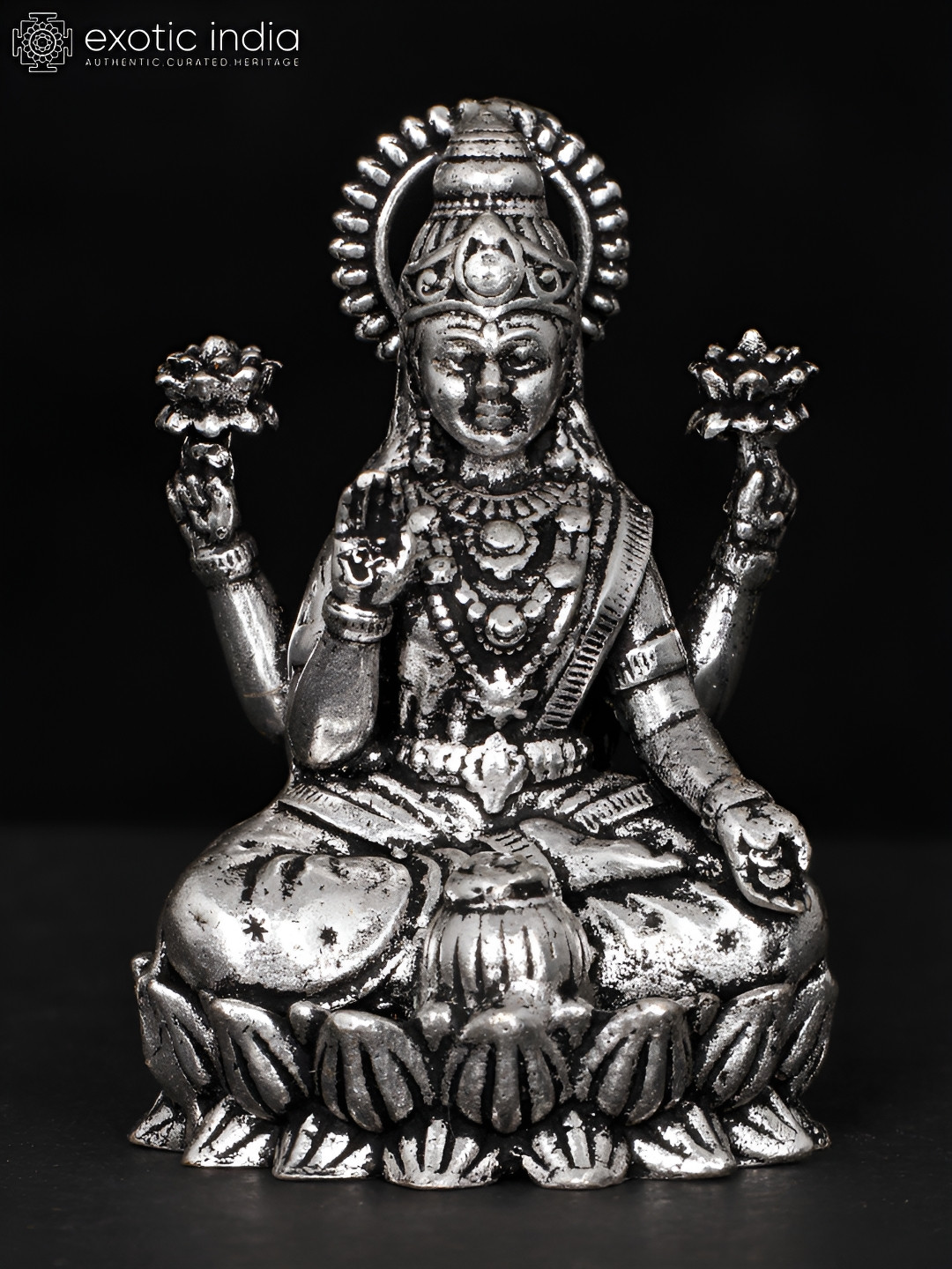Exotic India Goddess Lakshmi Silver Brass Metallic Prayer Room Tiny Showpiece - 3 Inches