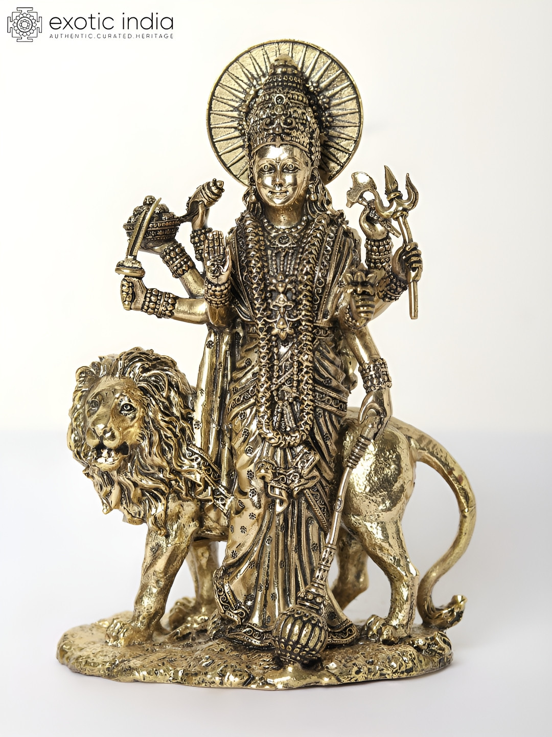 Exotic India Superfine Eight-Armed Standing Sherawali Maa Gold Brass Metallic Living Room Small Showpiece - 6 Inches