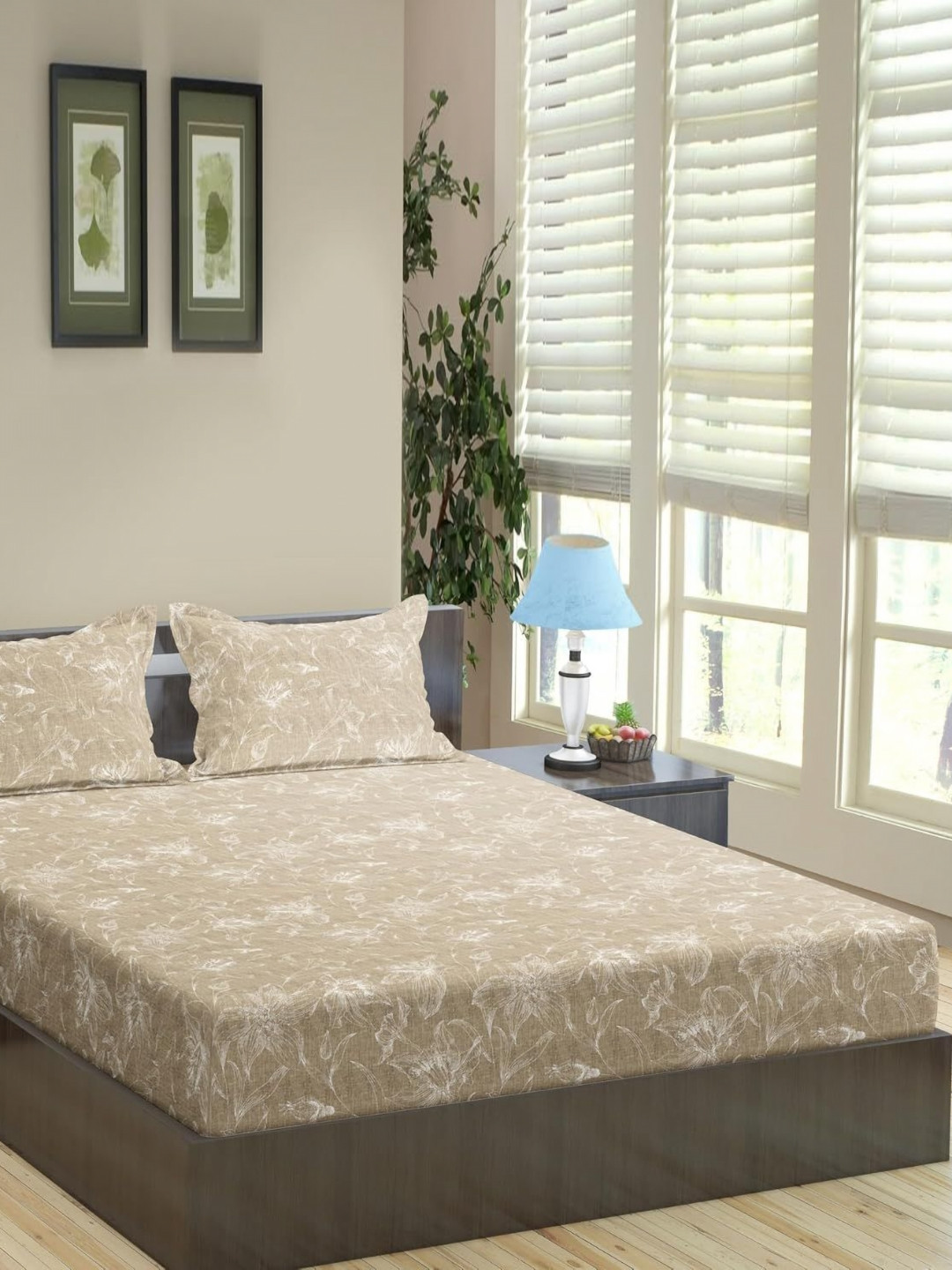 Trance Home Linen Beige Floral Cotton 144 TC Fitted Double Bedsheet with 2 Pillow Covers-78 x 48 inches