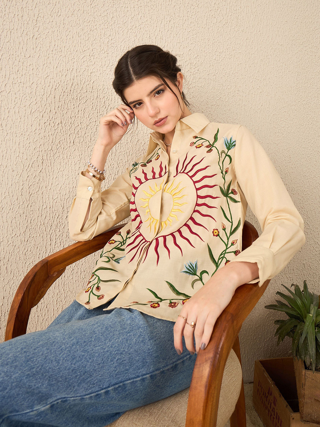 Uptownie Floral Embroidered Cotton Shirt