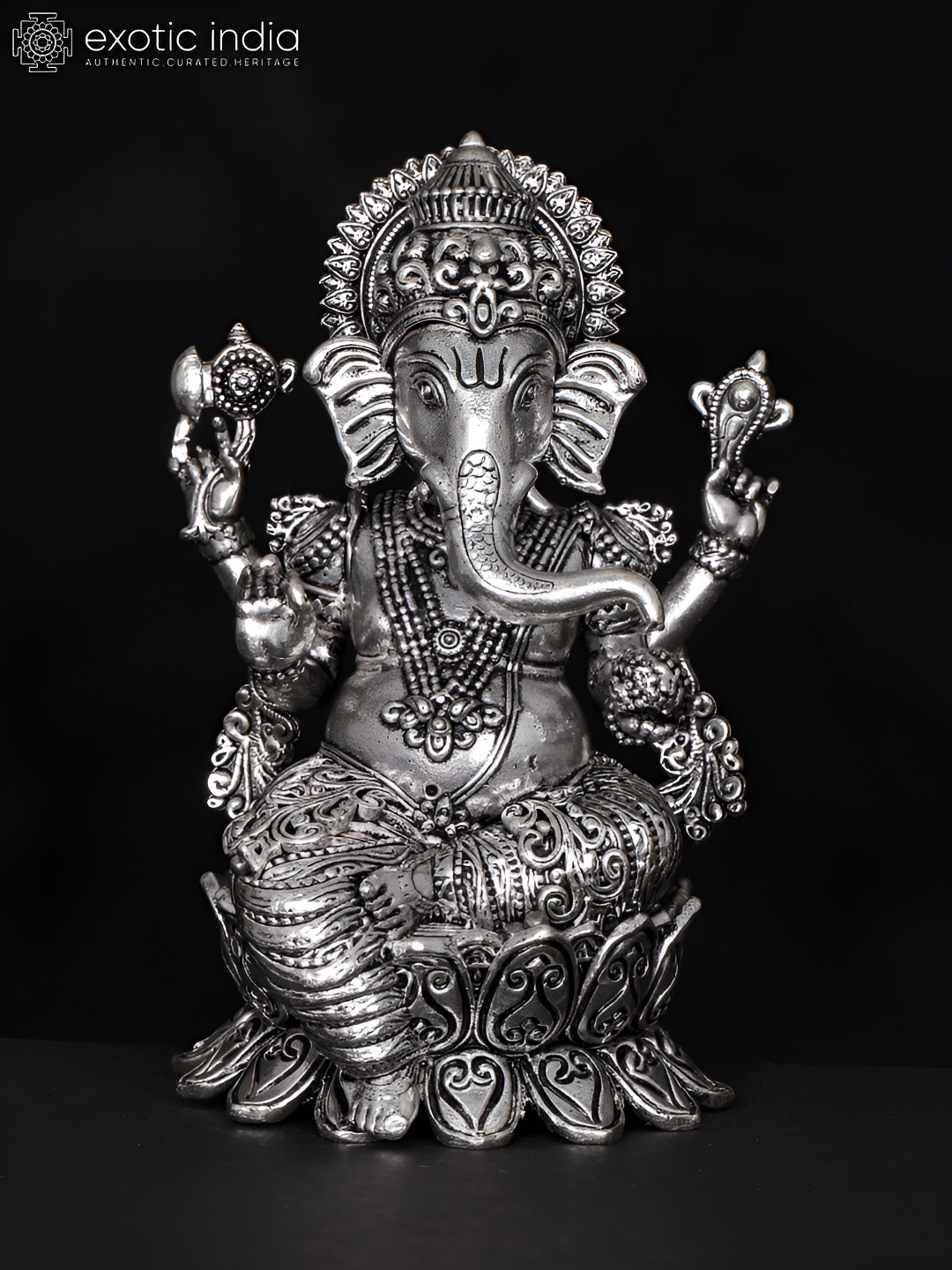 Exotic India Attractive Superfine Lord Ganesha Silver Brass Metallic Prayer Room Tiny Showpiece - 3.8 Inches